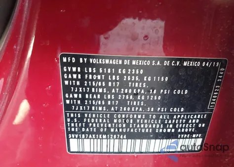 2019 Volkswagen Tiguan 2.0T S z USA, uszkodzony, nr VIN 3VV1B7AX1KM126744